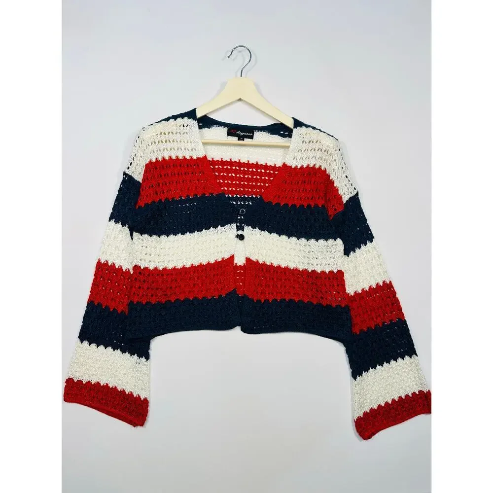 33 Degrees Crochet Cropped Striped Cardigan Sweater with Bell Sleeves Sz Medium - Picture 1 of 6
